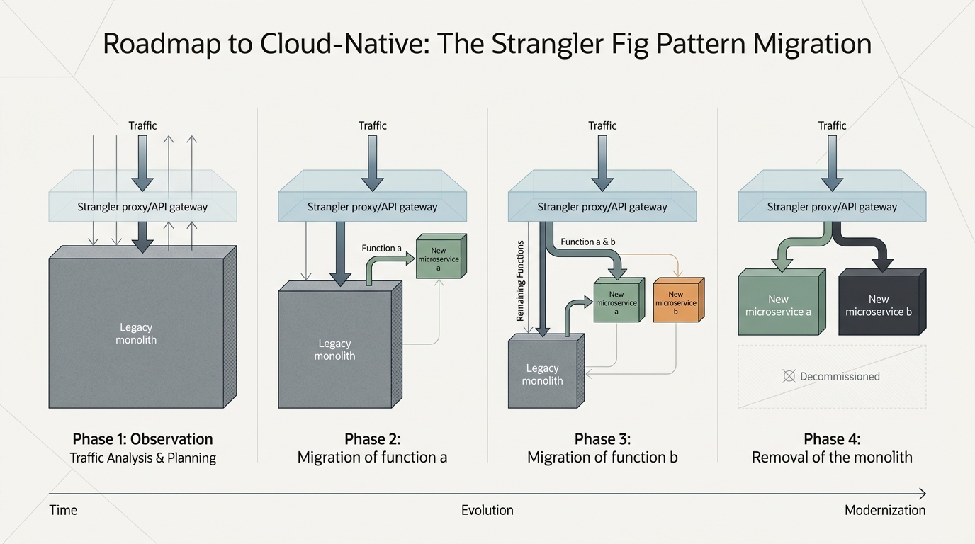 Diagram illustrating the Strangler Fig Pattern, showing a gradual migration process from a monolithic system to new services.