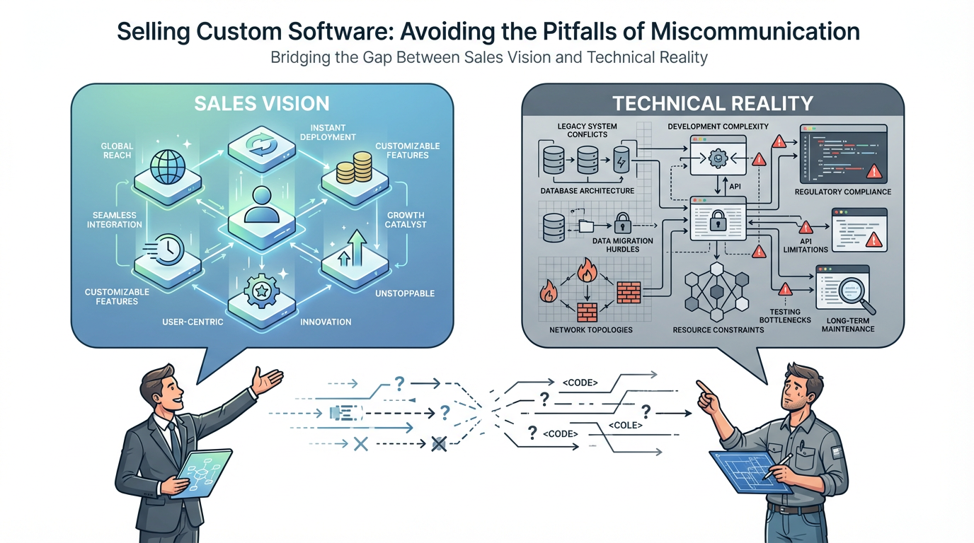 Two people, client and developer, with speech bubbles showing different ideas for custom software, illustrating miscommunicat