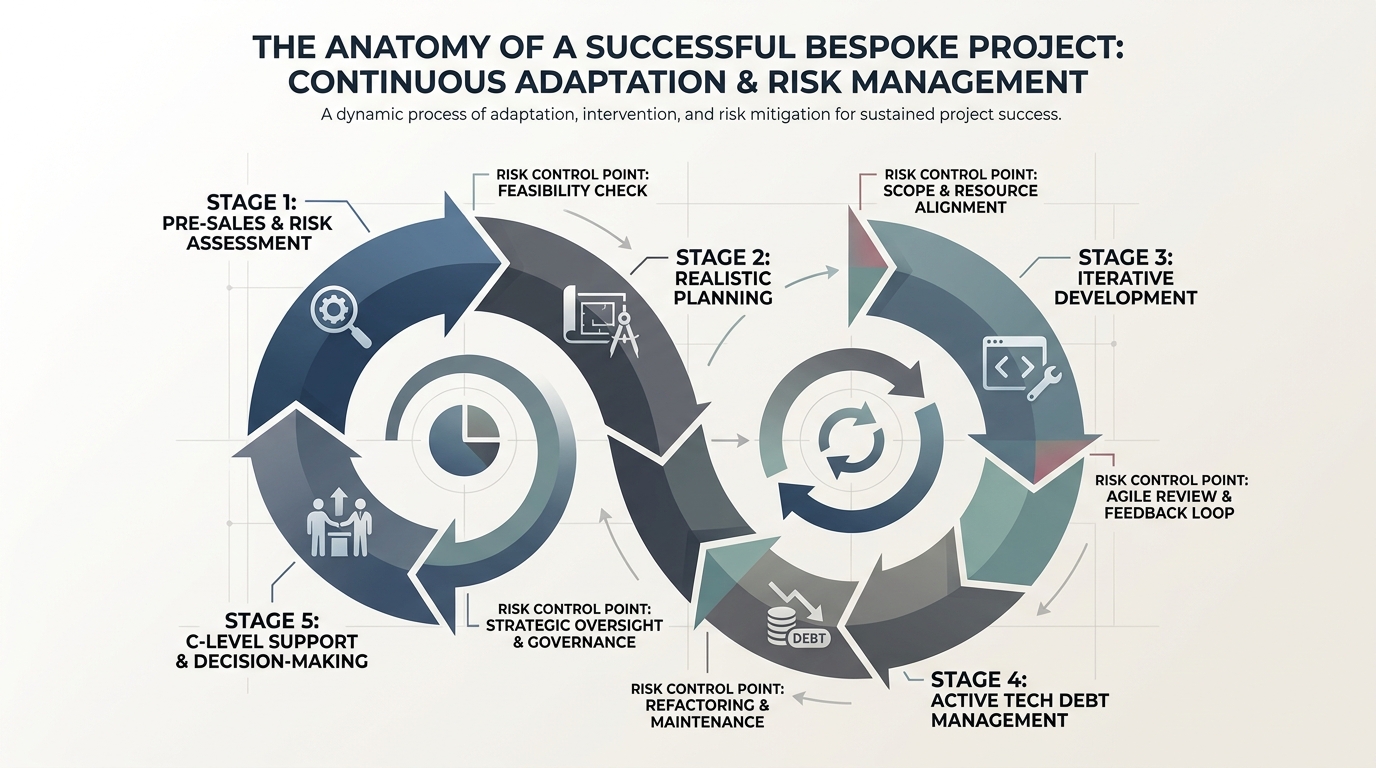 Diagram illustrating bespoke project lifecycle stages with intervention points and integrated risk management strategies.