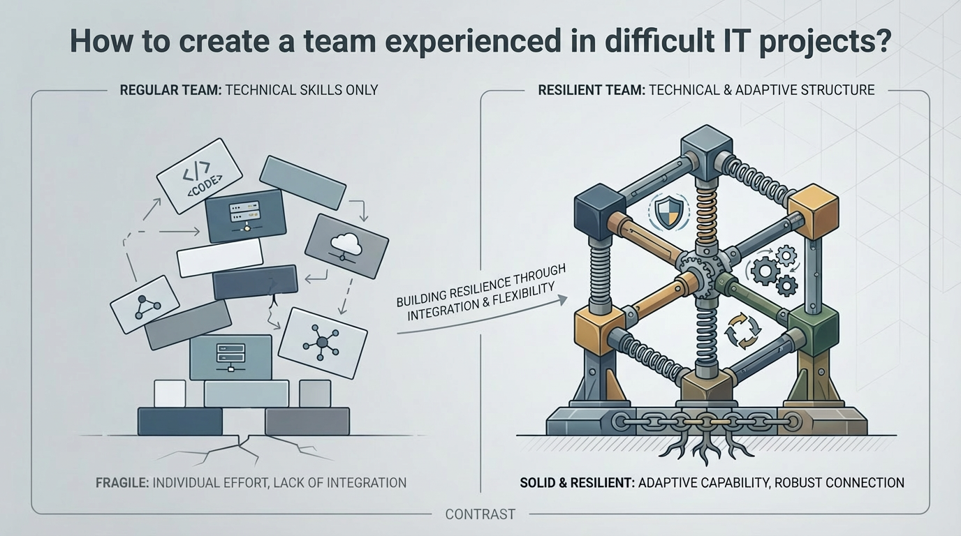 Diverse team of professionals collaborating on a complex IT project, demonstrating teamwork and problem-solving.