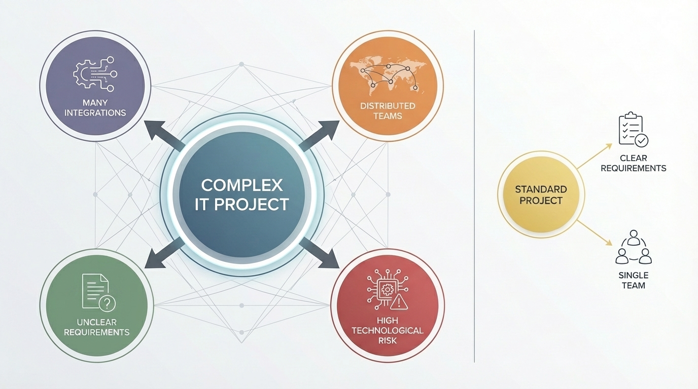 Infographic illustrating various interconnected elements and factors that contribute to the overall complexity of an IT proje