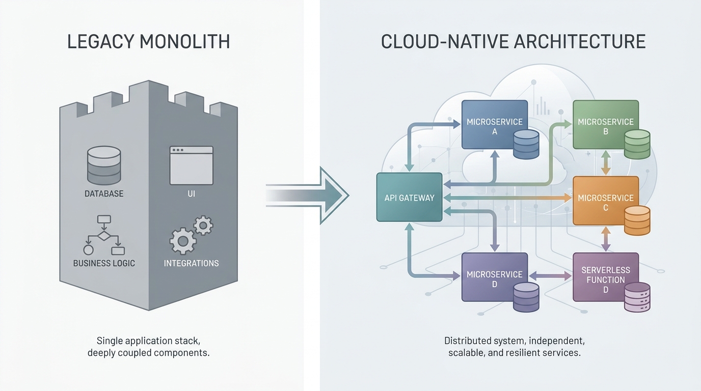 Diagram comparing monolithic and cloud-native architectures, illustrating their distinct components, deployment, and scaling.